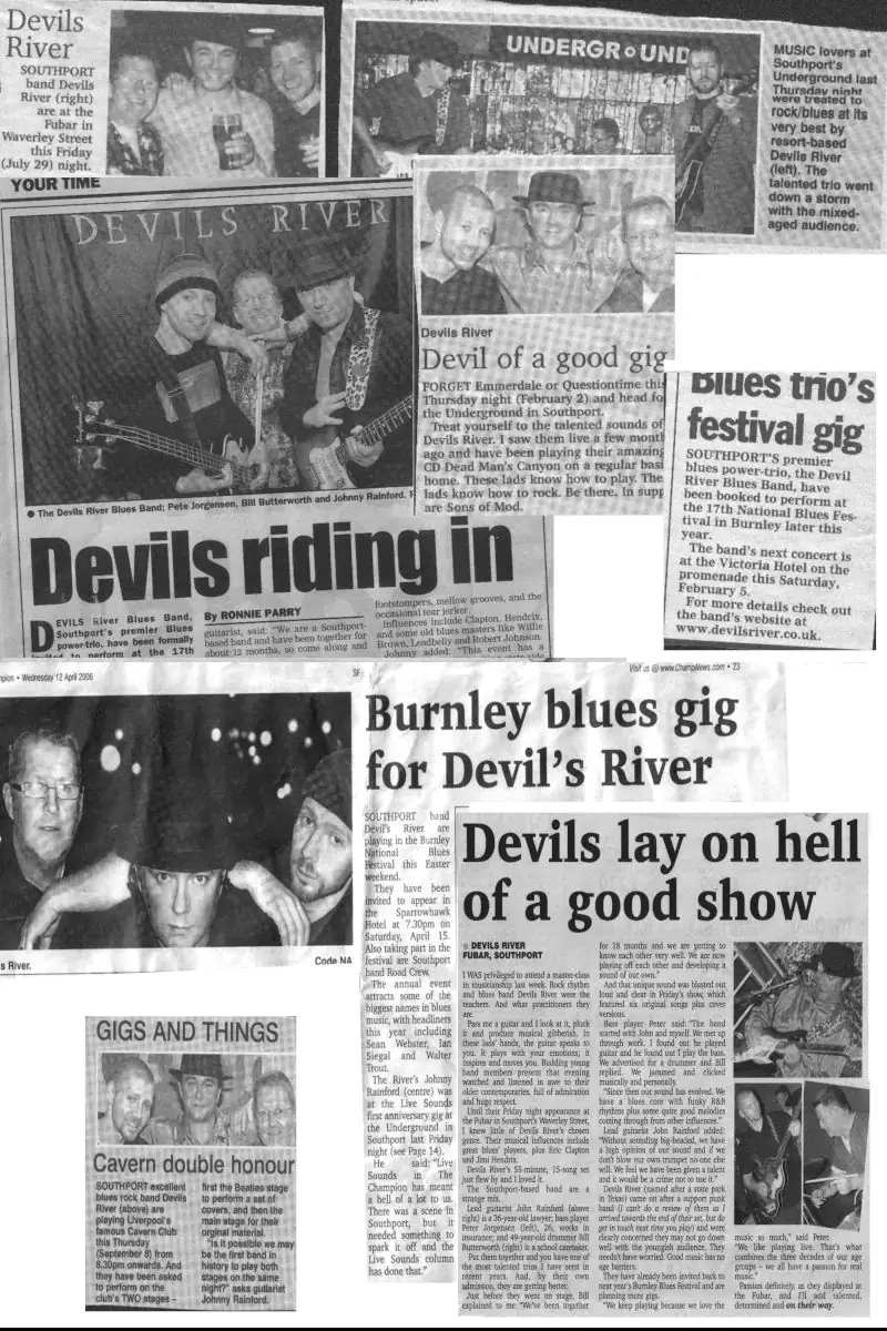 Press cuttings from gig reviews and promotional articles for Devils River band Various press cuttings promoting Devils River